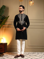 Midnight Black Embroidered Men's Festive Kurta - Black