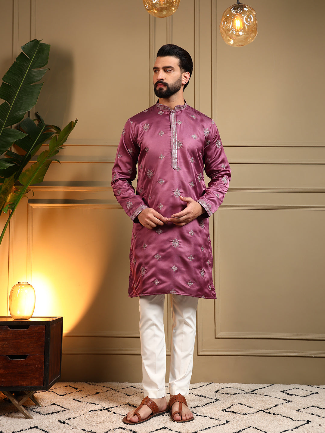 Royal Mauve Embroidered Men's Festive Kurta - Pink