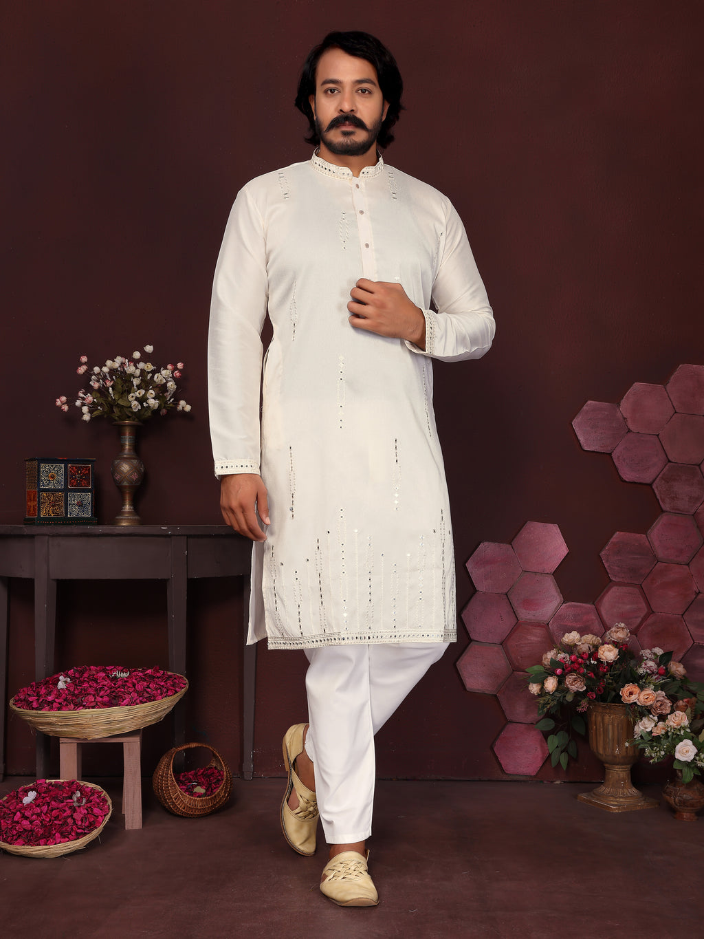 Men's Off-White Silk Blend Kurta with Mirror Work & Embroidery | Ethnic Festive Wear