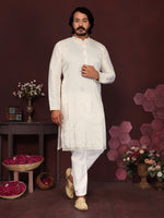 Men's Off-White Silk Blend Kurta with Mirror Work & Embroidery | Ethnic Festive Wear