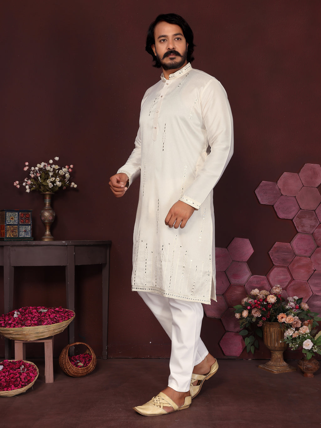 Men's Off-White Silk Blend Kurta with Mirror Work & Embroidery | Ethnic Festive Wear
