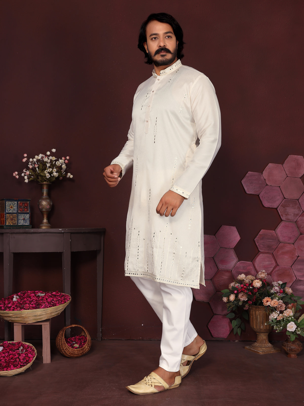 Men's Off-White Silk Blend Kurta with Mirror Work & Embroidery | Ethnic Festive Wear