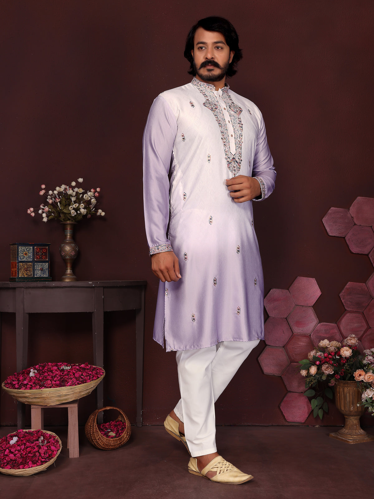 Lavender Mirror Embroidered Men's Festive Kurta