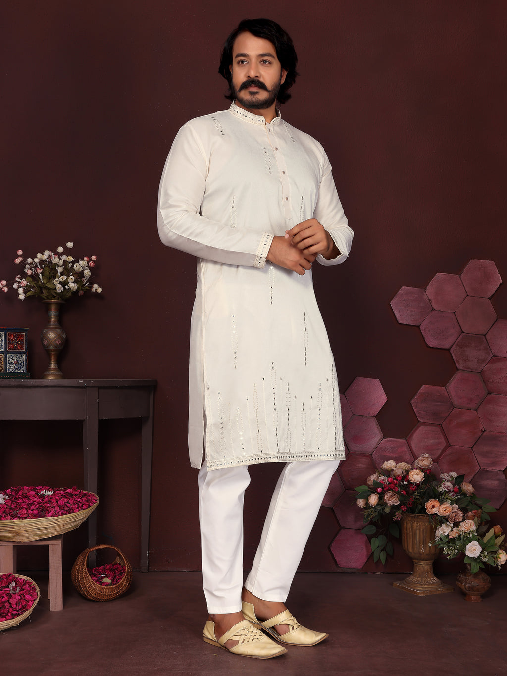 Men's Off-White Silk Blend Kurta with Mirror Work & Embroidery | Ethnic Festive Wear