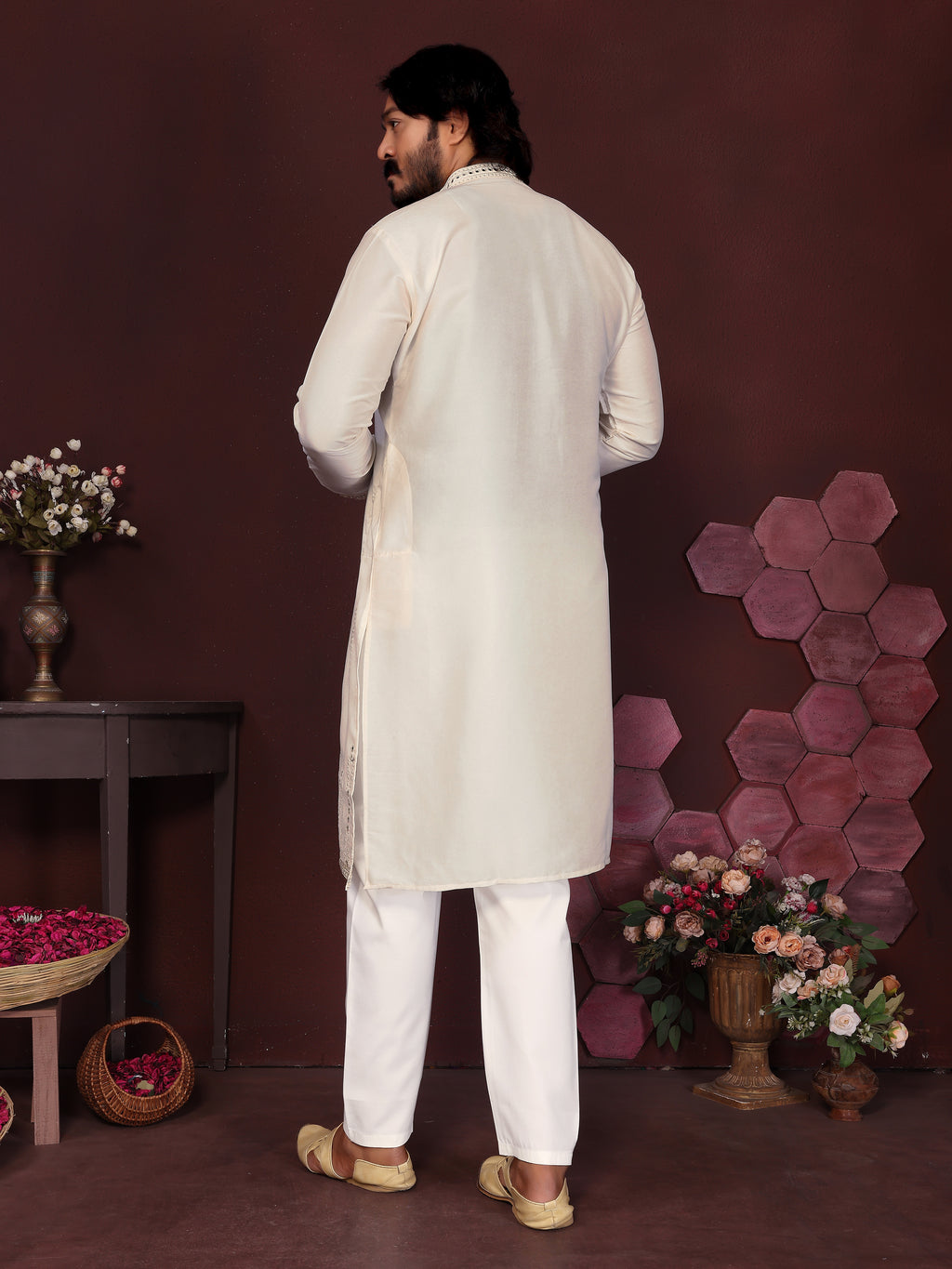 Men's Off-White Silk Blend Kurta with Mirror Work & Embroidery | Ethnic Festive Wear