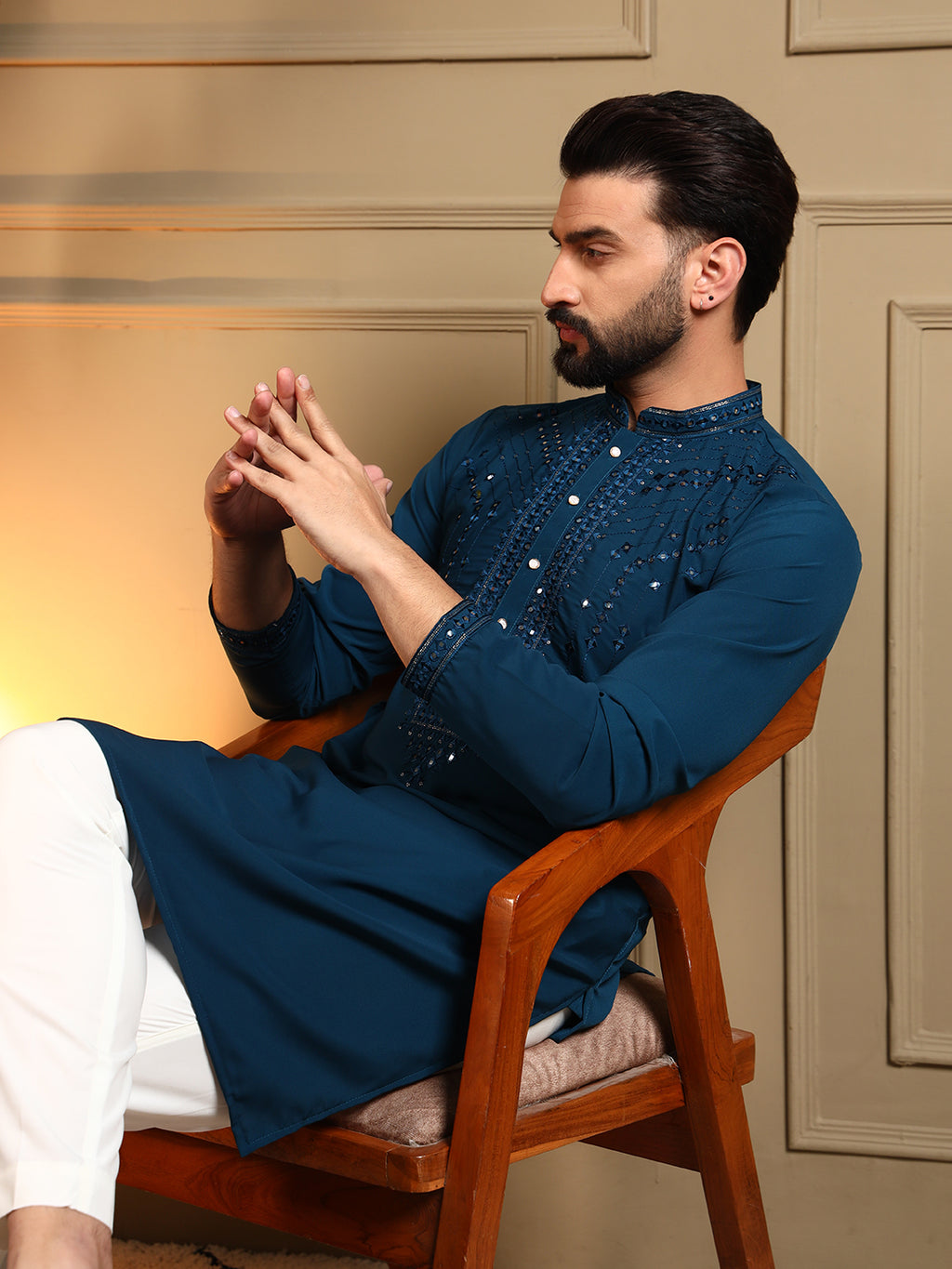 Royal Navy Embroidered Men's Festive Kurta - Blue