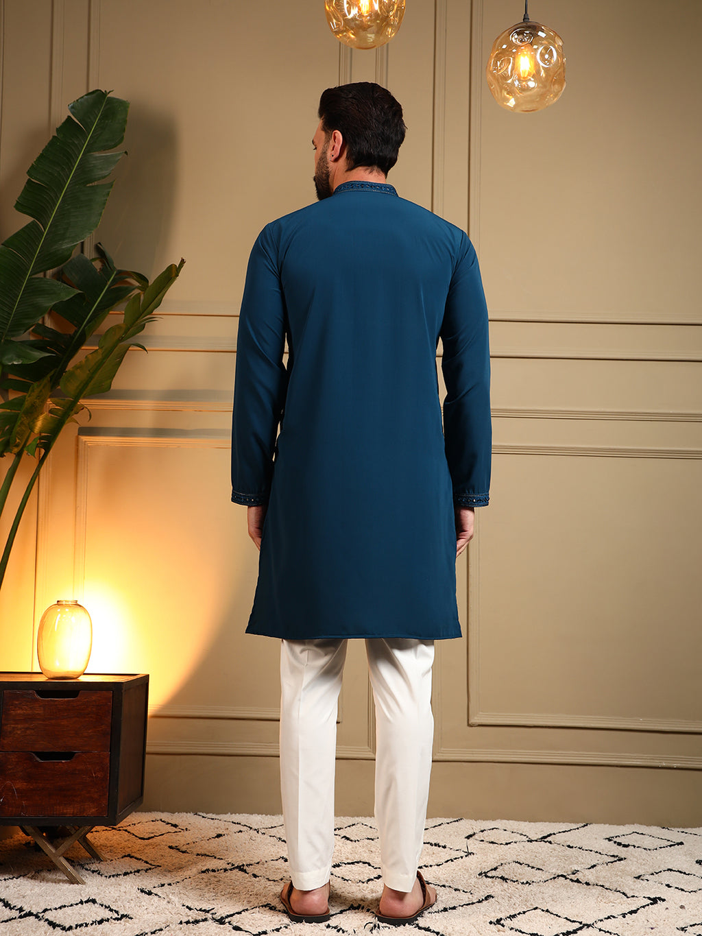 Royal Navy Embroidered Men's Festive Kurta - Blue