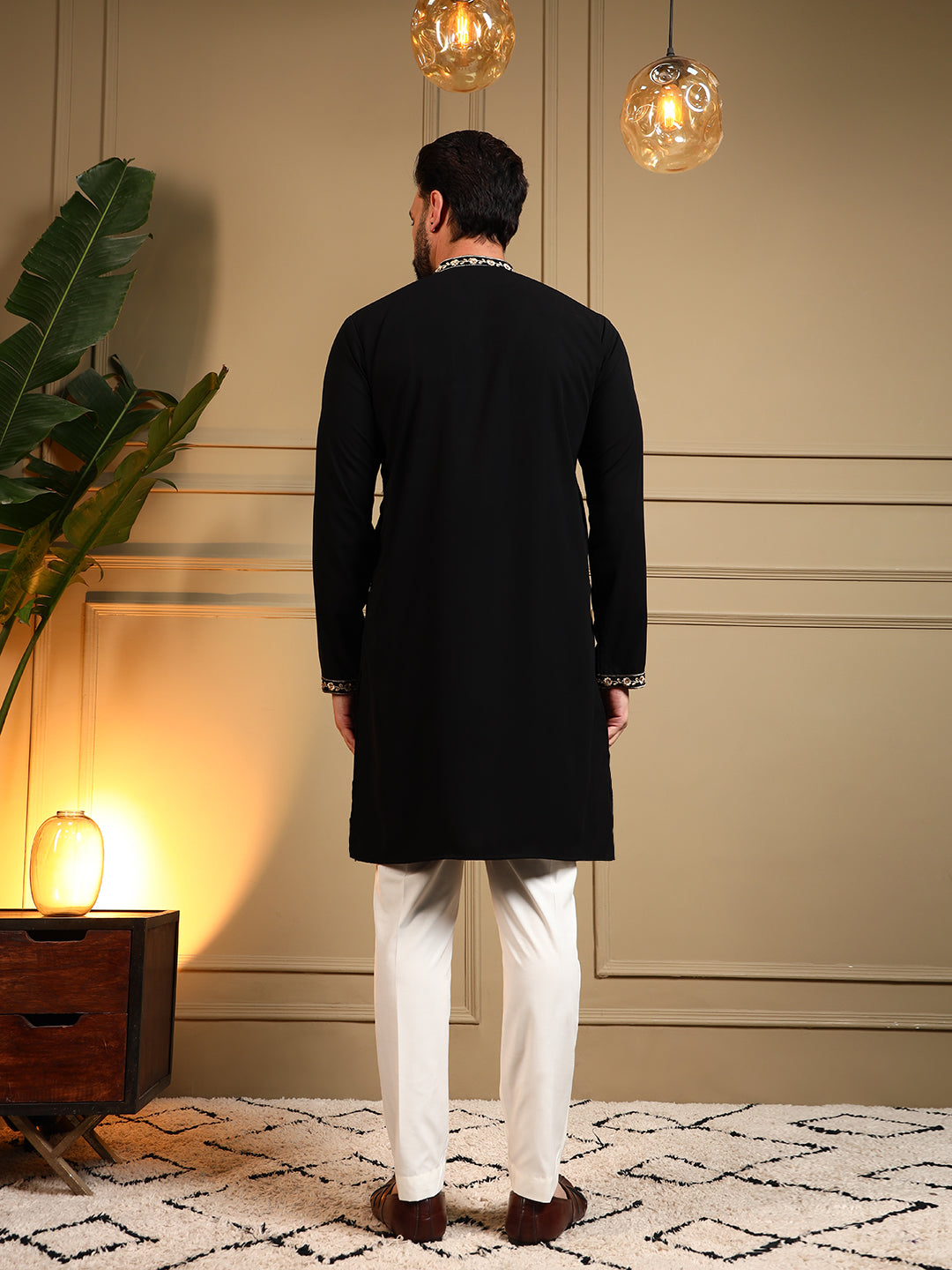Midnight Black Embroidered Men's Festive Kurta - Black