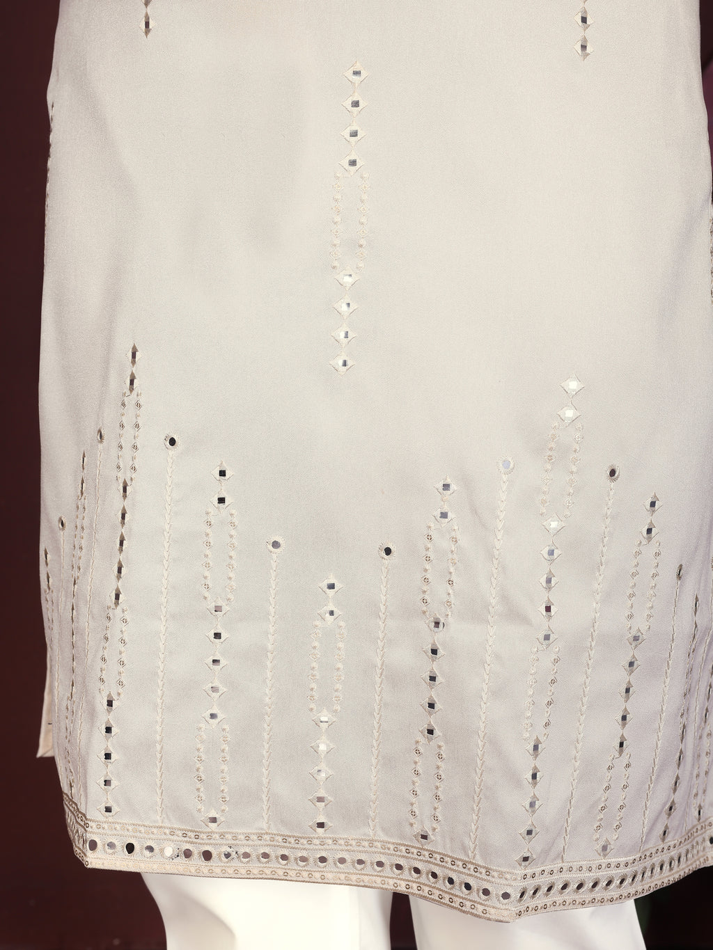 Men's Off-White Silk Blend Kurta with Mirror Work & Embroidery | Ethnic Festive Wear