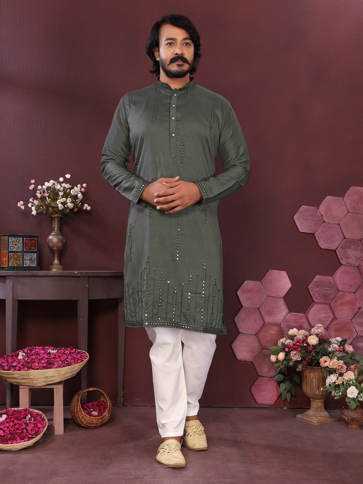 Men's Olive Green Silk Blend Kurta with Mirror Work & Embroidery | Ethnic Festive Wear