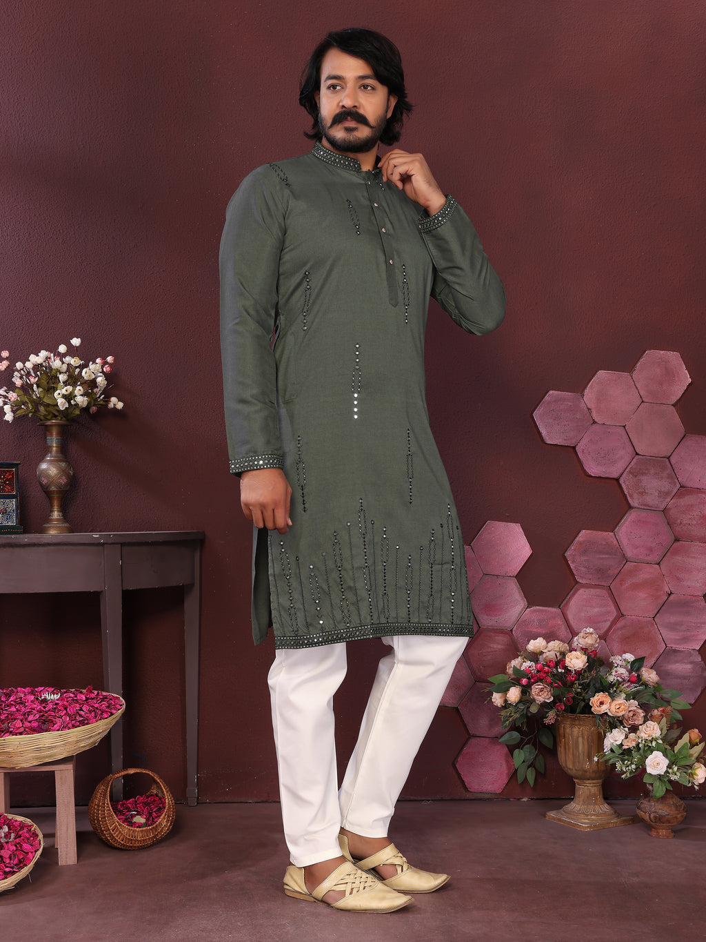 Men's Olive Green Silk Blend Kurta with Mirror Work & Embroidery | Ethnic Festive Wear