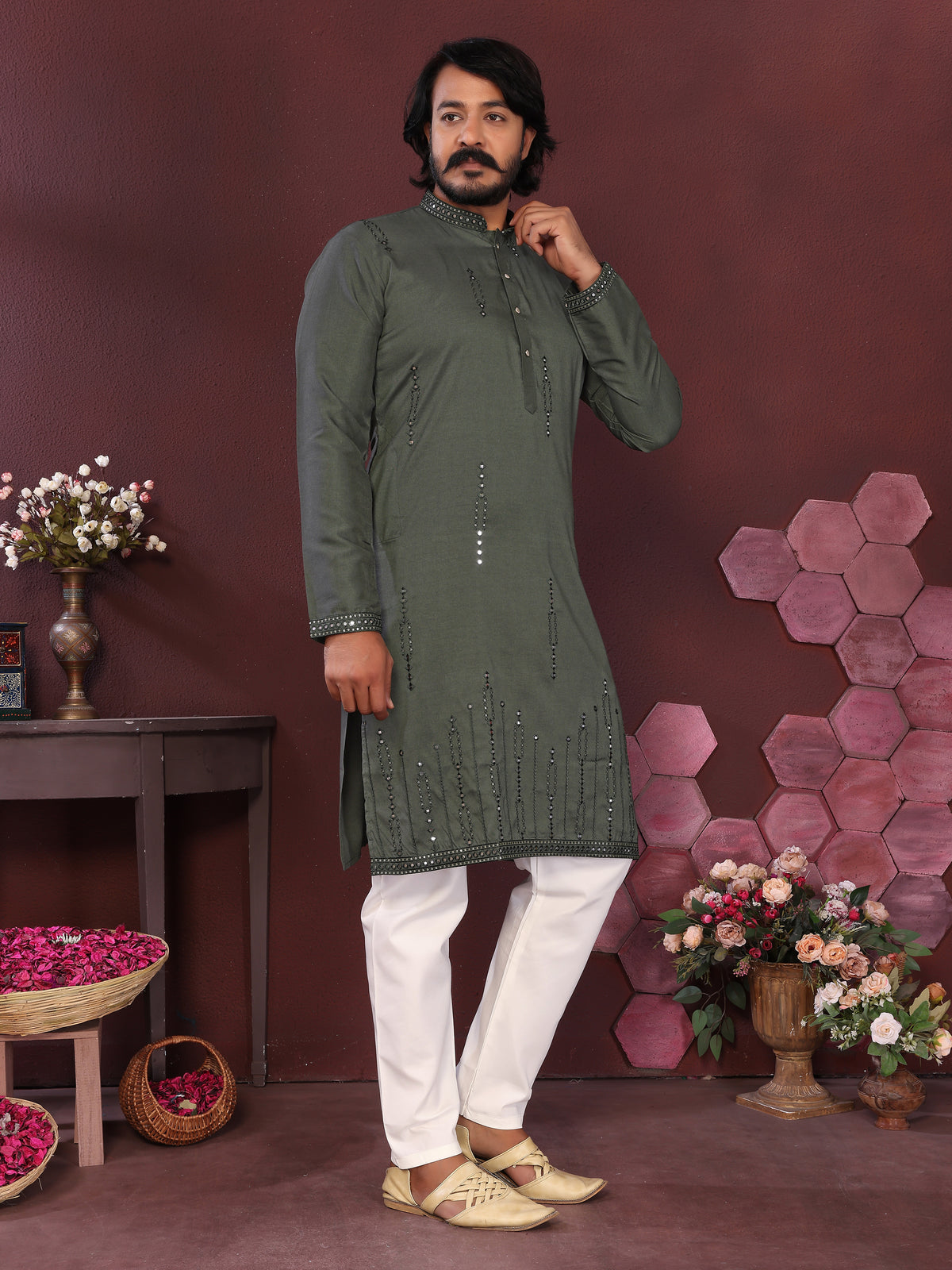 Men's Olive Green Silk Blend Kurta with Mirror Work & Embroidery | Ethnic Festive Wear