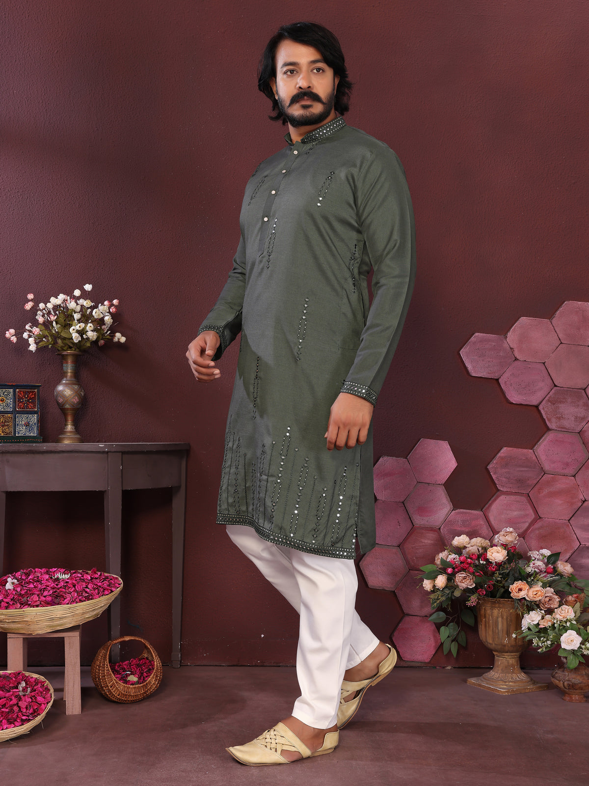 Men's Olive Green Silk Blend Kurta with Mirror Work & Embroidery | Ethnic Festive Wear