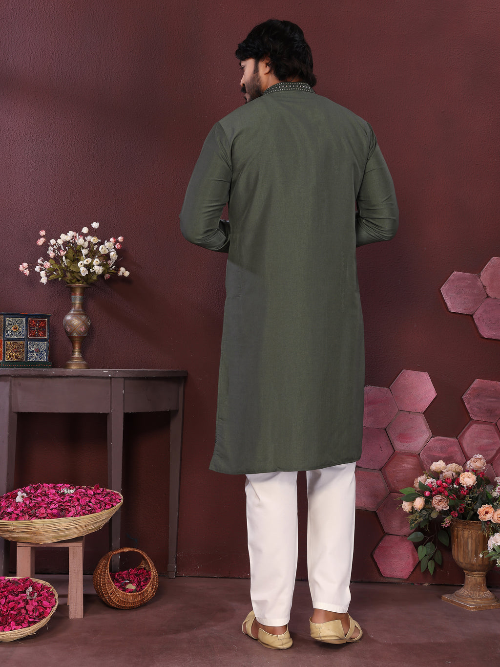 Men's Olive Green Silk Blend Kurta with Mirror Work & Embroidery | Ethnic Festive Wear
