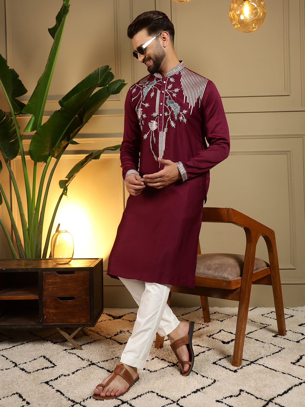 Royal Maroon Peacock Embroidered Men's Festive Kurta - maroon