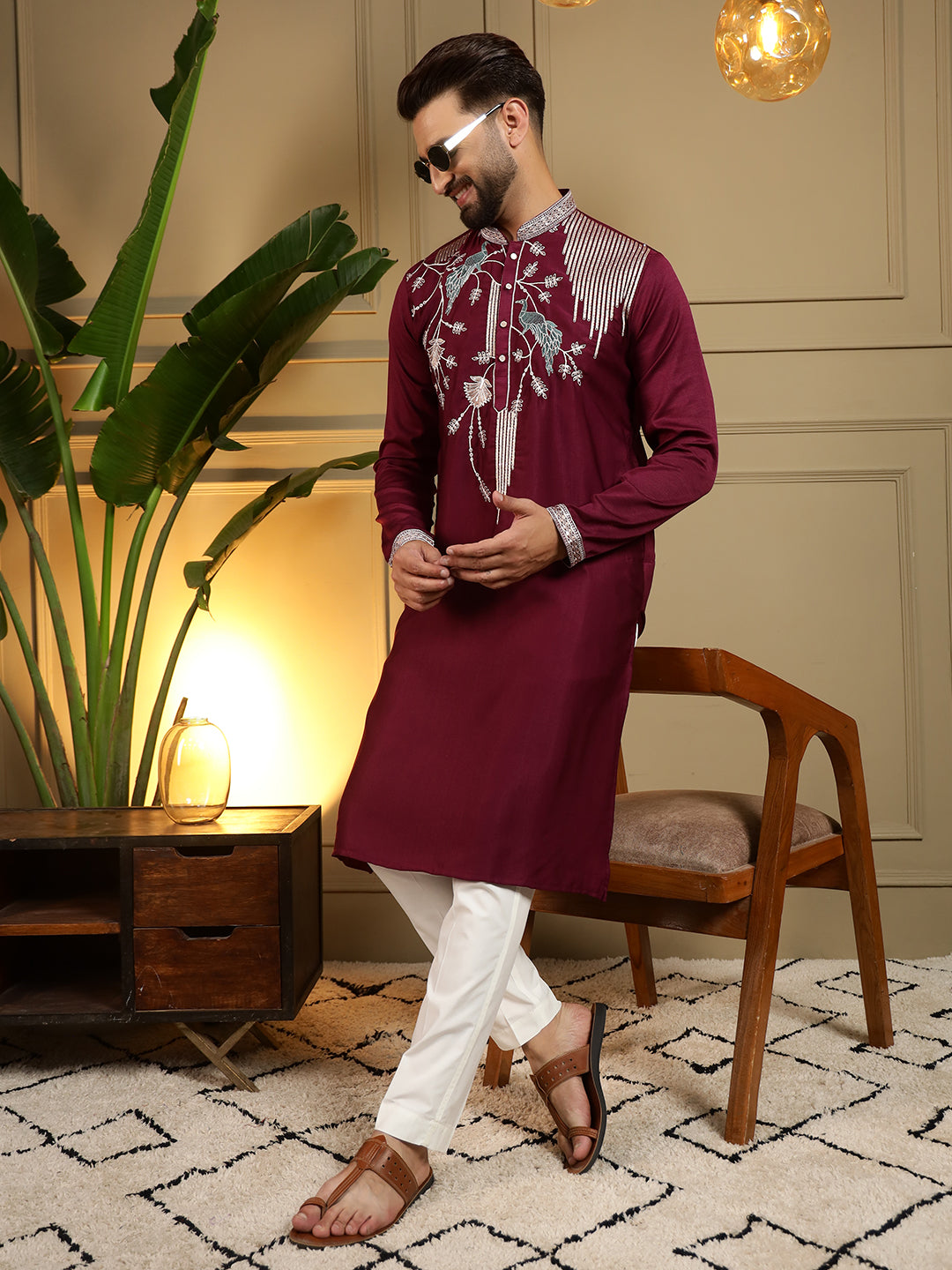 Royal Maroon Peacock Embroidered Men's Festive Kurta - maroon