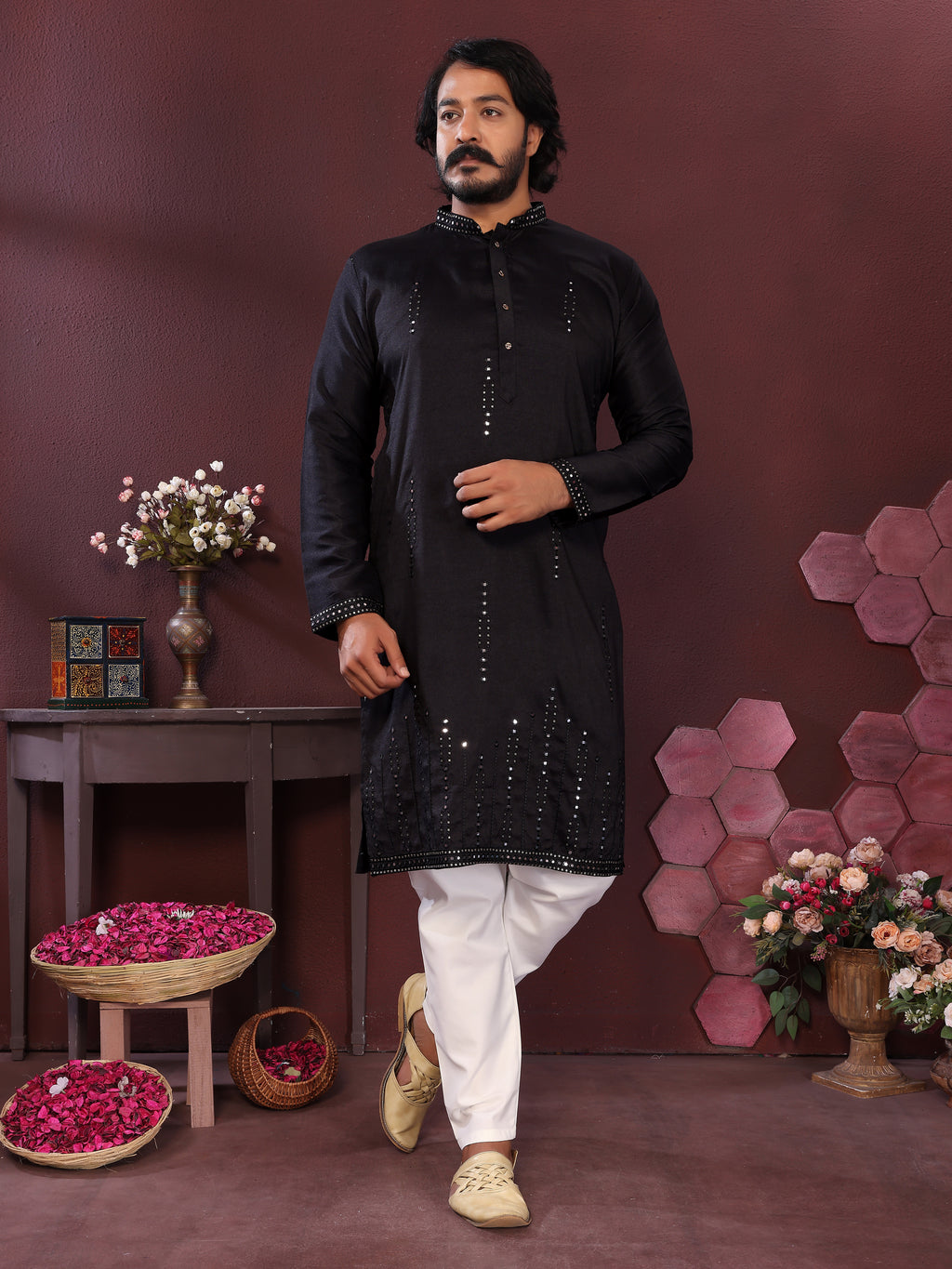 Men's Black Silk Blend Kurta with Mirror Work & Embroidery | Ethnic Festive Wear