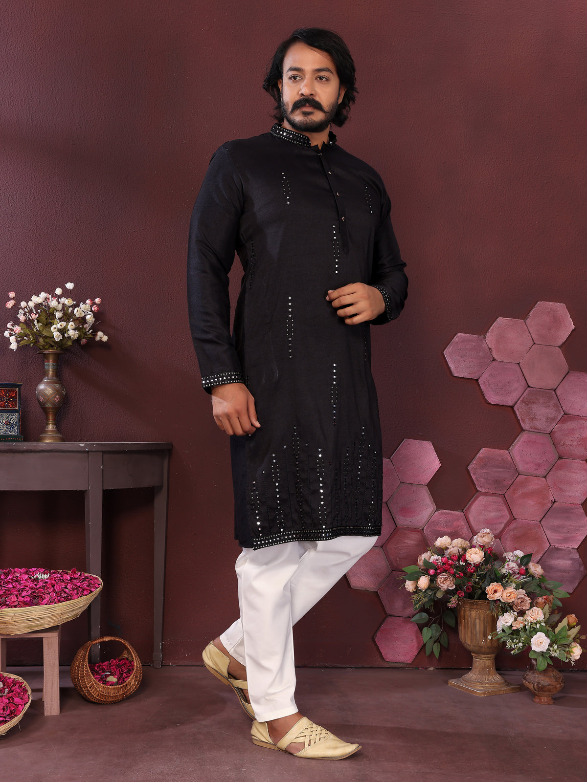 Men's Black Silk Blend Kurta with Mirror Work & Embroidery | Ethnic Festive Wear