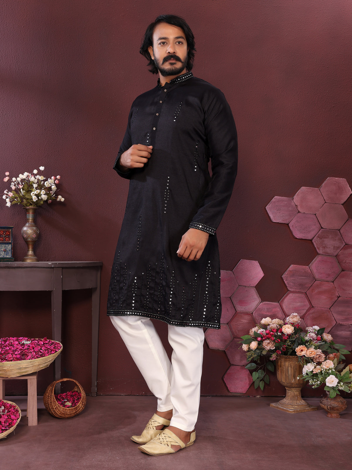 Men's Black Silk Blend Kurta with Mirror Work & Embroidery | Ethnic Festive Wear
