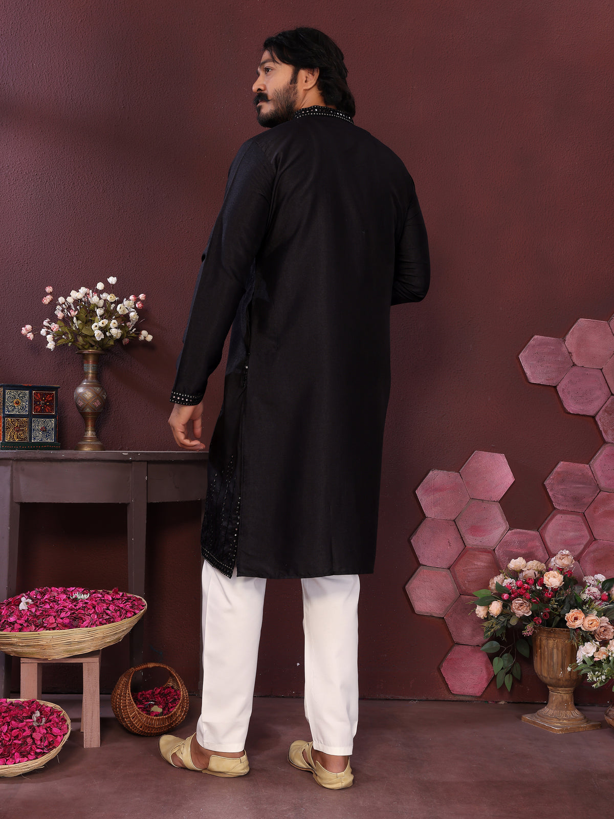 Men's Black Silk Blend Kurta with Mirror Work & Embroidery | Ethnic Festive Wear