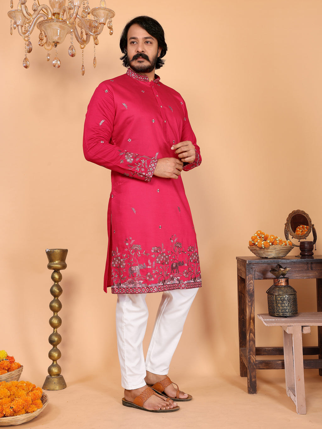Royal Crimson Embroidered Men's Festive Kurta - Pink