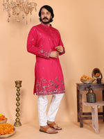 Royal Crimson Embroidered Men's Festive Kurta - Pink