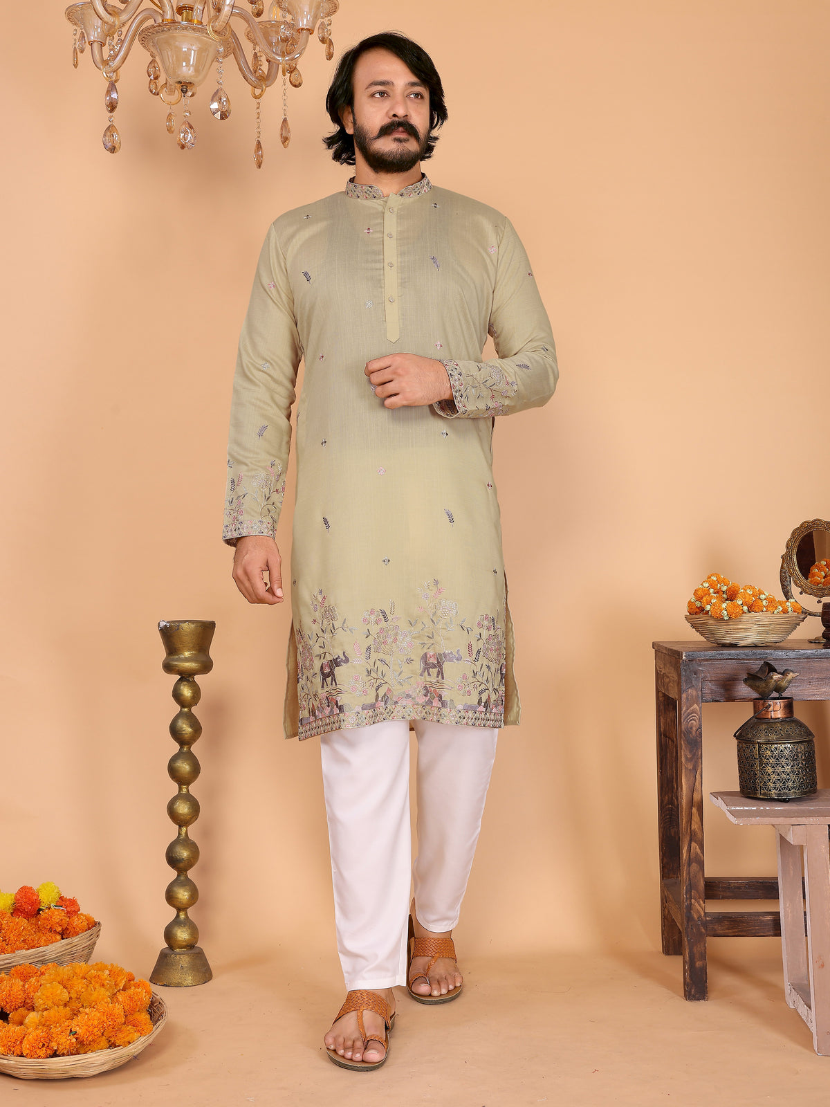 Royal Crimson Embroidered Men's Festive Kurta - Olive Green