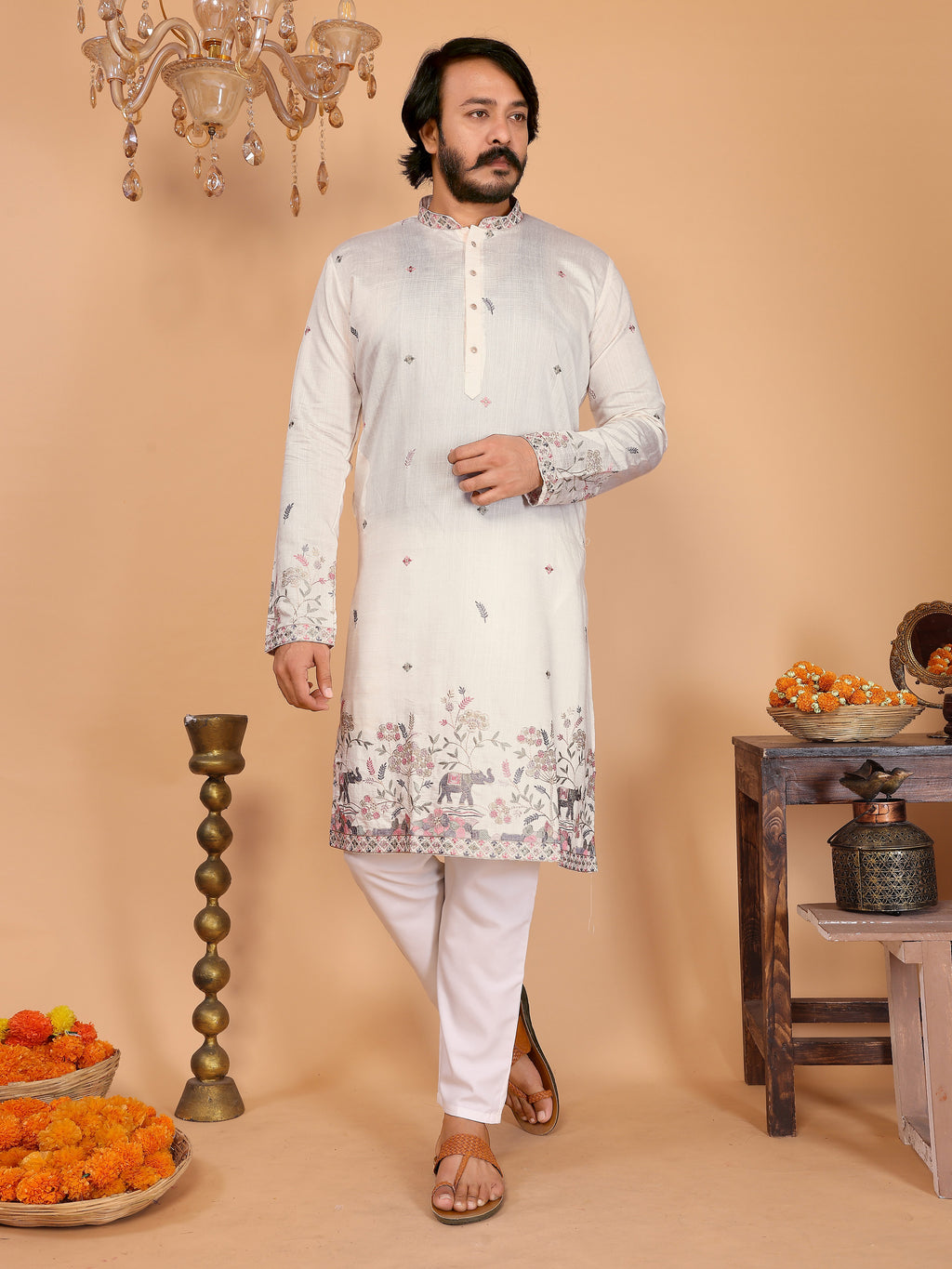 Royal Crimson Embroidered Men's Festive Kurta - Off White