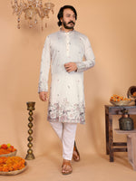 Royal Crimson Embroidered Men's Festive Kurta - Off White