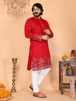 Royal Crimson Embroidered Men's Festive Kurta - Red