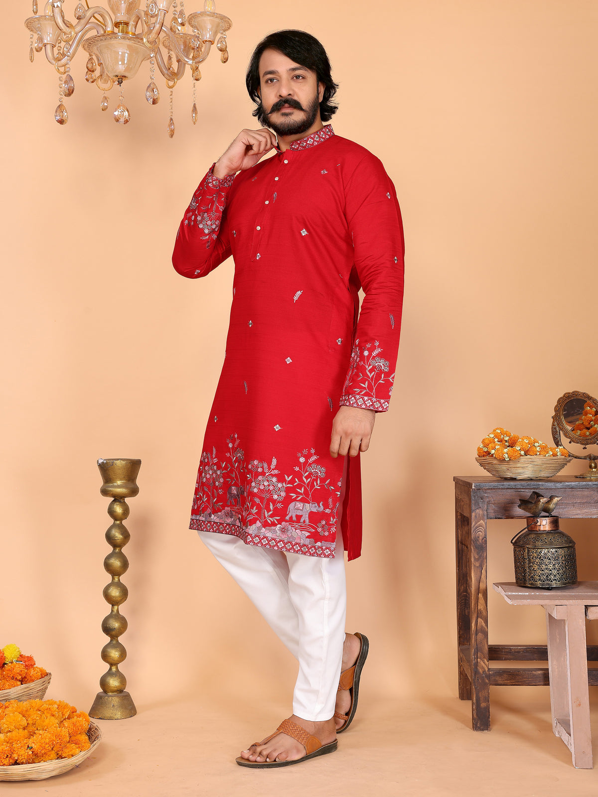 Royal Crimson Embroidered Men's Festive Kurta - Red