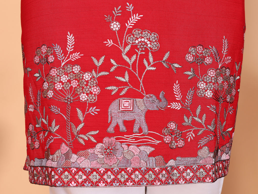 Royal Crimson Embroidered Men's Festive Kurta - Red