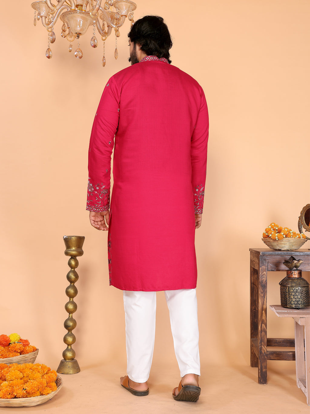 Royal Crimson Embroidered Men's Festive Kurta - Pink