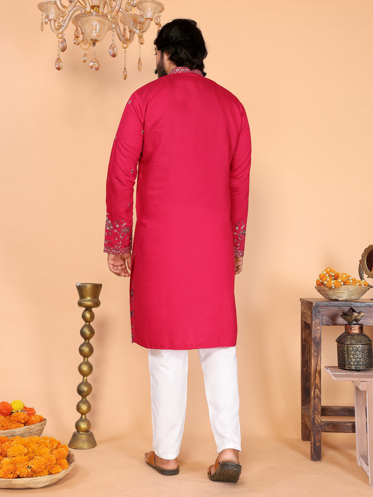 Royal Crimson Embroidered Men's Festive Kurta - Pink