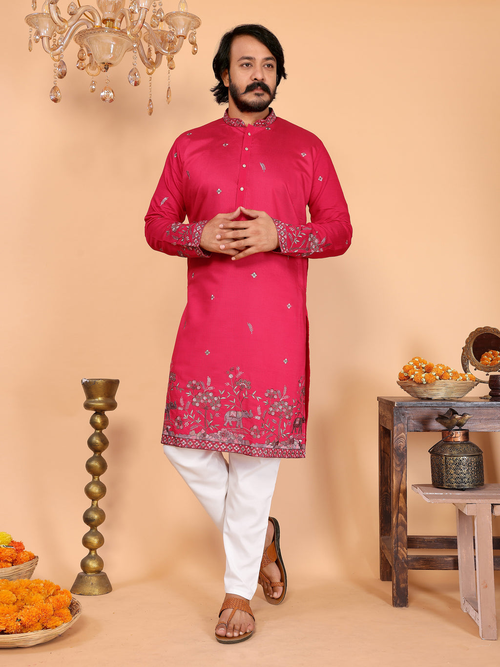 Royal Crimson Embroidered Men's Festive Kurta - Pink