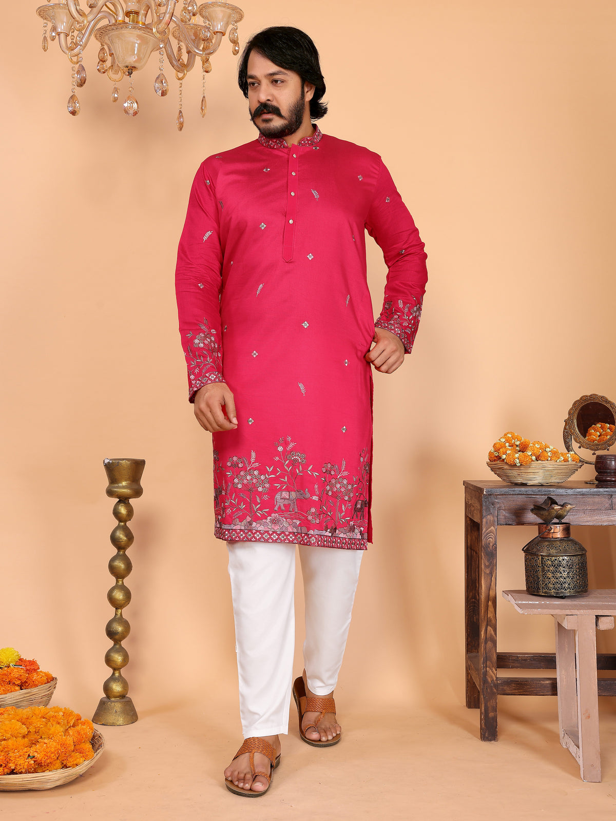 Royal Crimson Embroidered Men's Festive Kurta - Pink