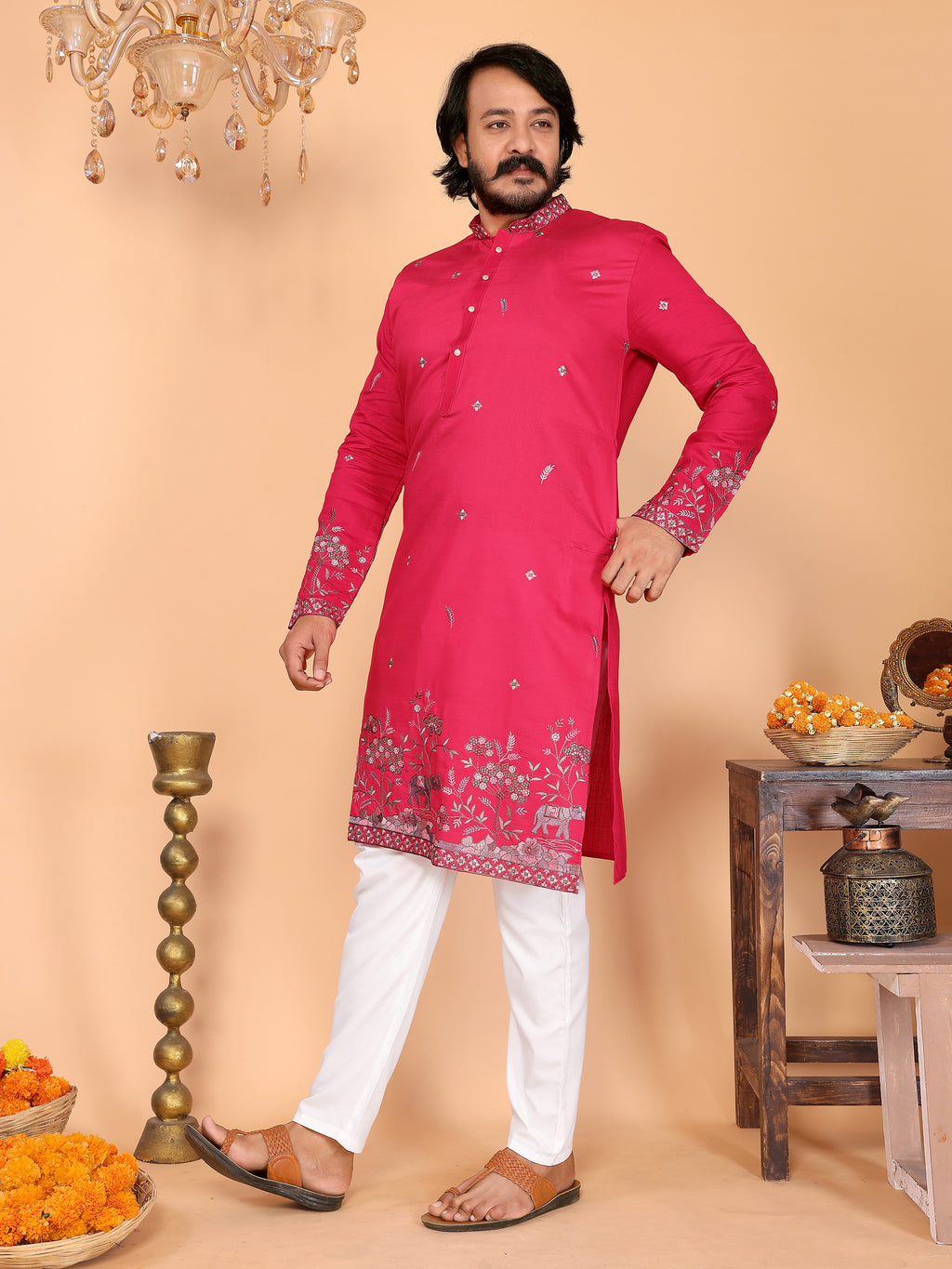 Royal Crimson Embroidered Men's Festive Kurta - Pink