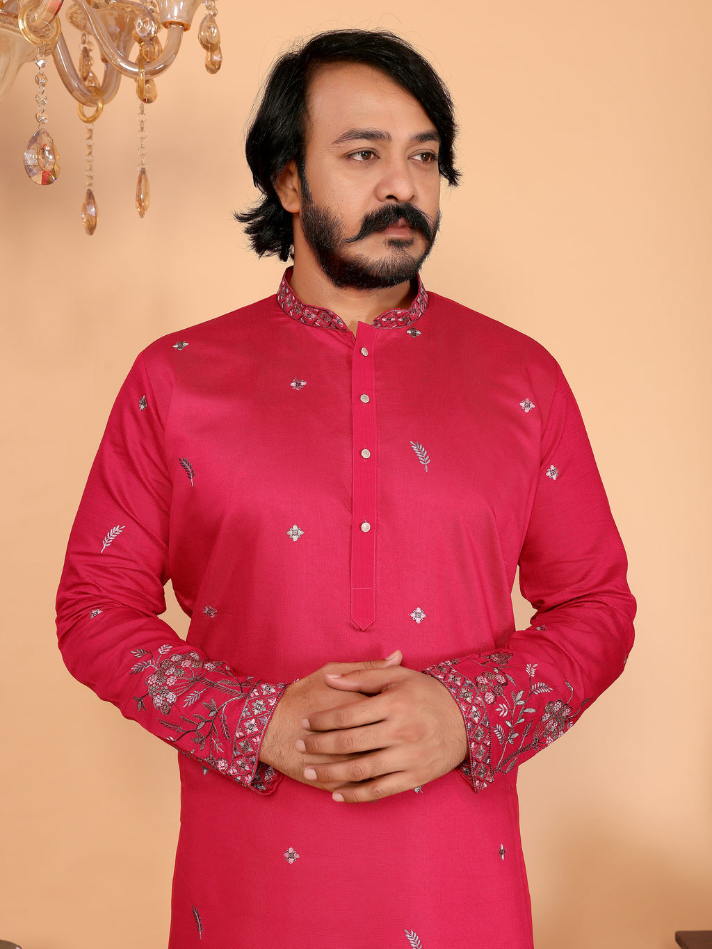 Royal Crimson Embroidered Men's Festive Kurta - Pink