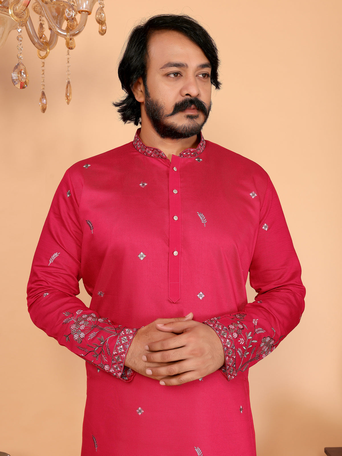Royal Crimson Embroidered Men's Festive Kurta - Pink