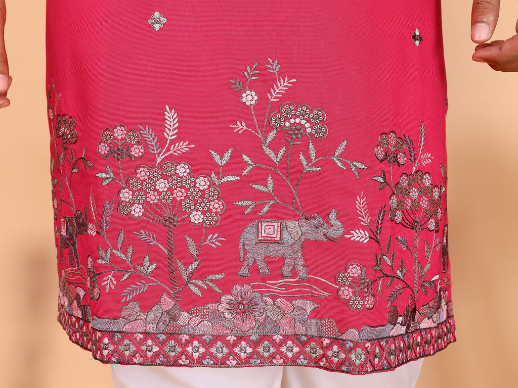 Royal Crimson Embroidered Men's Festive Kurta - Pink