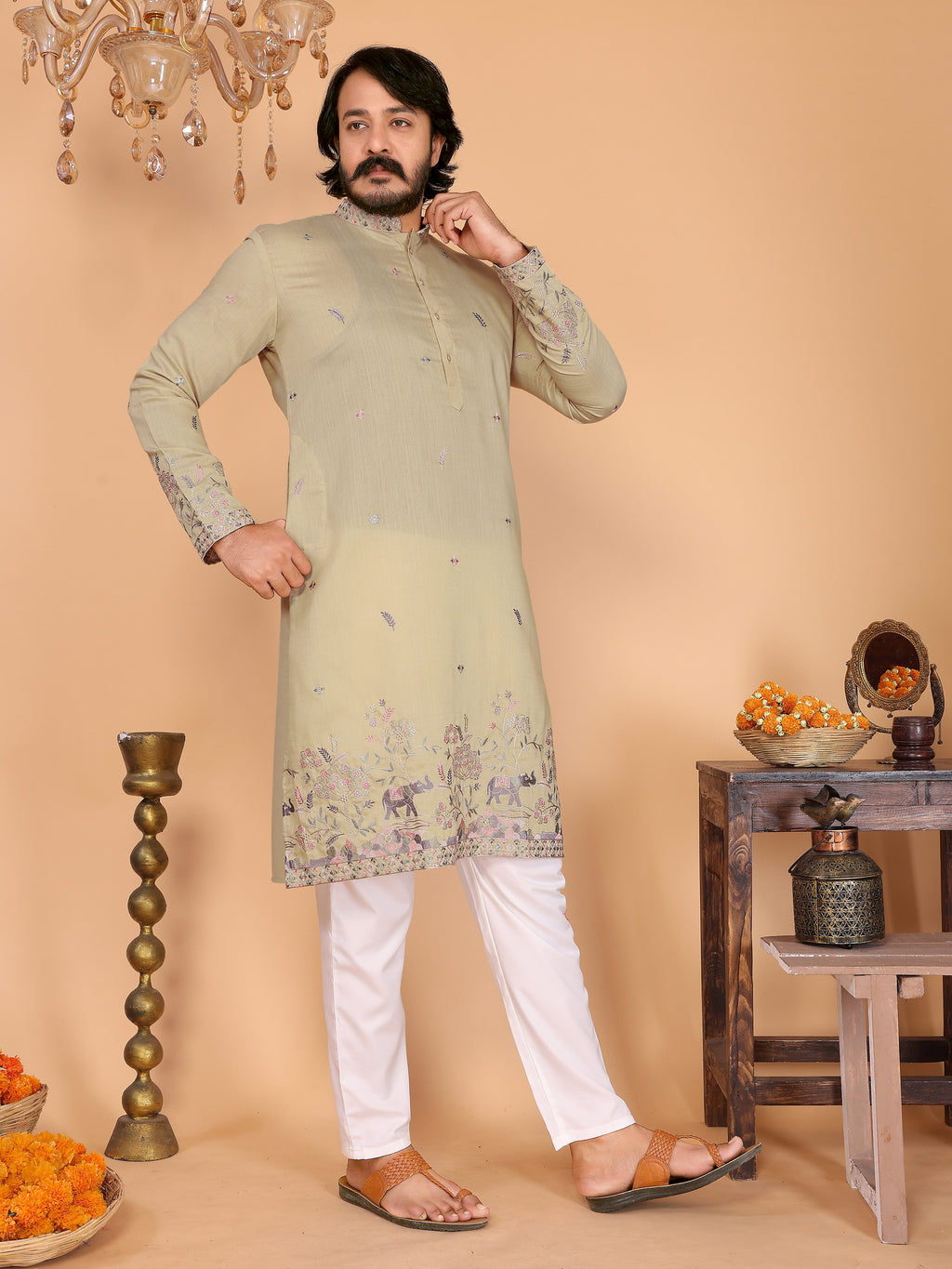 Royal Crimson Embroidered Men's Festive Kurta - Olive Green