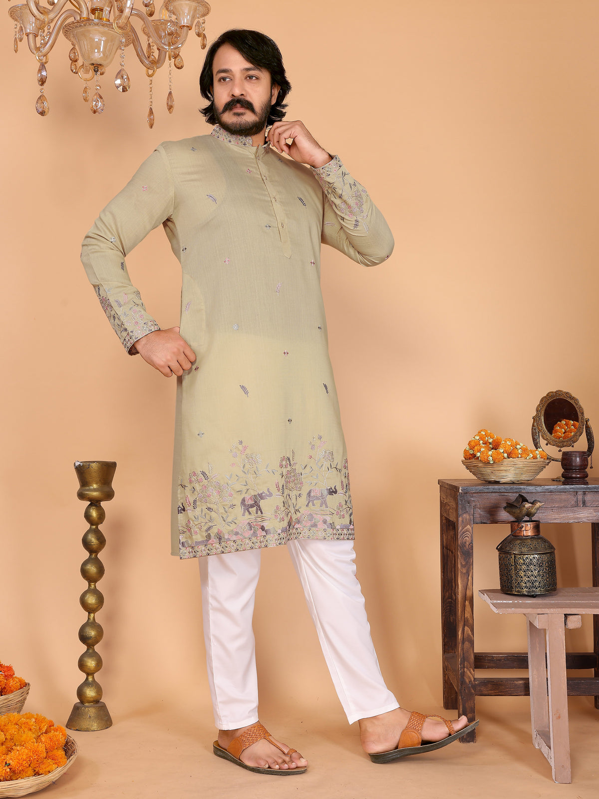 Royal Crimson Embroidered Men's Festive Kurta - Olive Green