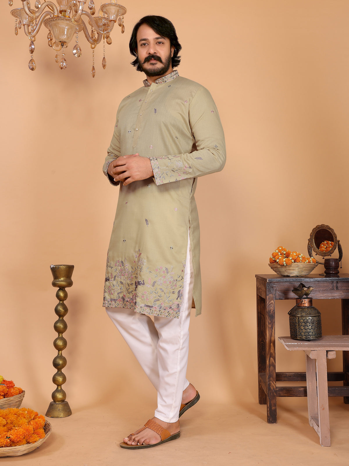 Royal Crimson Embroidered Men's Festive Kurta - Olive Green