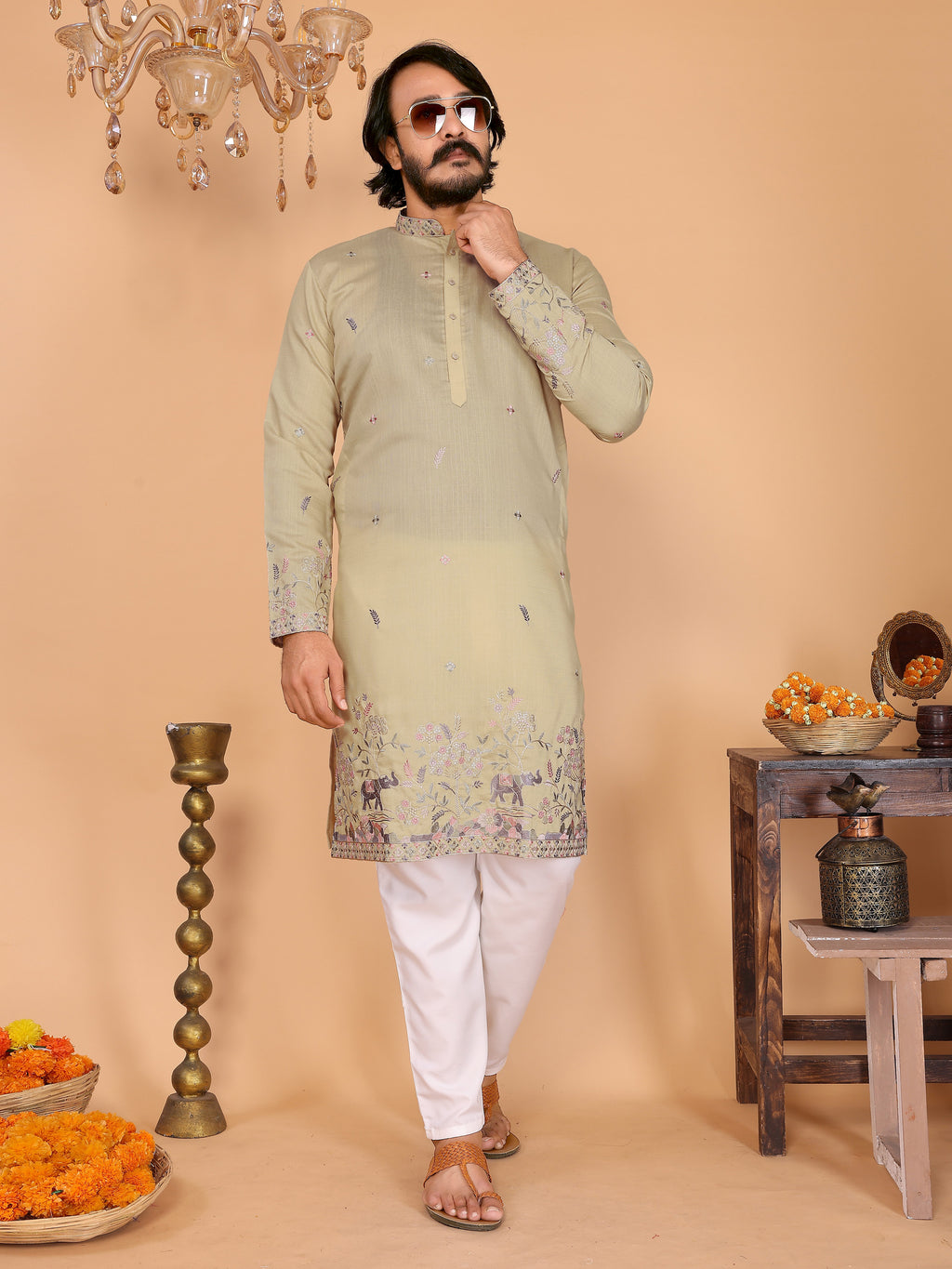 Royal Crimson Embroidered Men's Festive Kurta - Olive Green