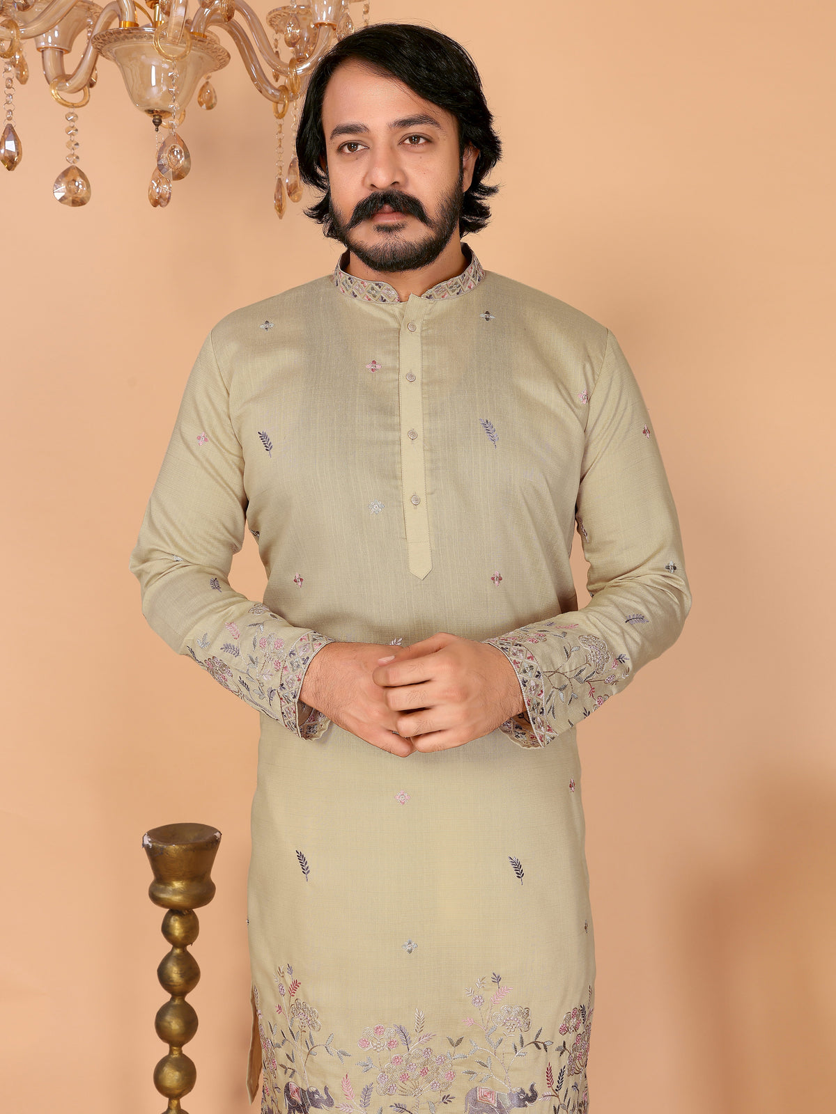 Royal Crimson Embroidered Men's Festive Kurta - Olive Green