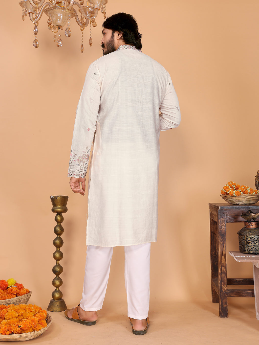 Royal Crimson Embroidered Men's Festive Kurta - Off White