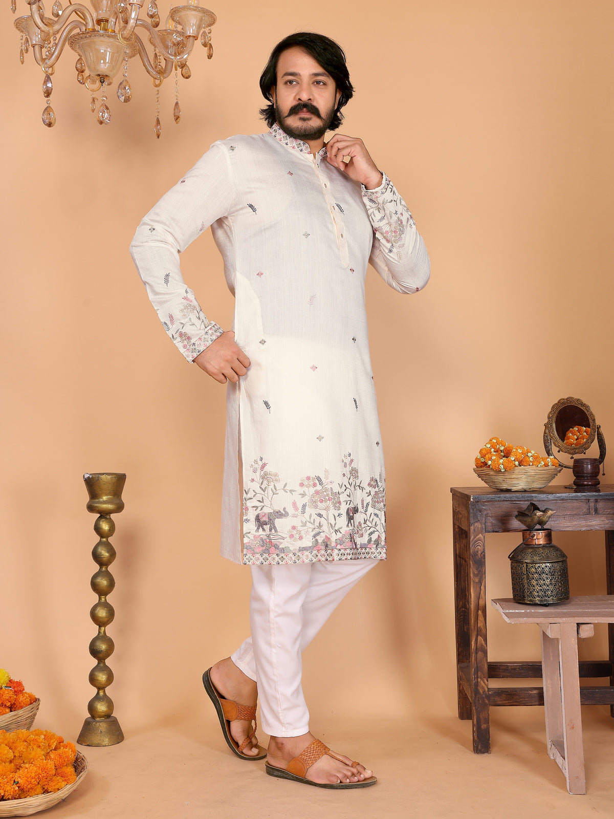 Royal Crimson Embroidered Men's Festive Kurta - Off White