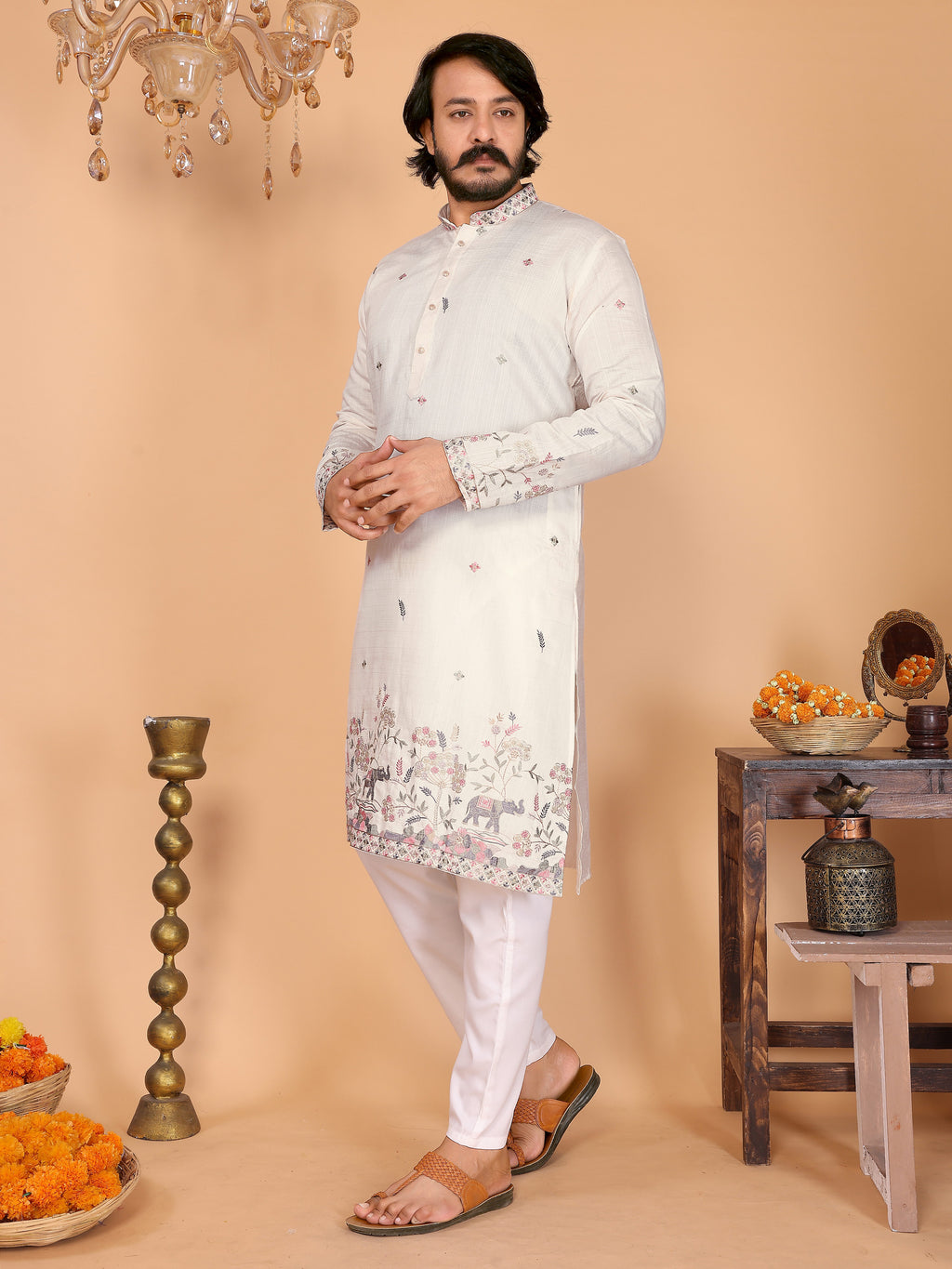 Royal Crimson Embroidered Men's Festive Kurta - Off White