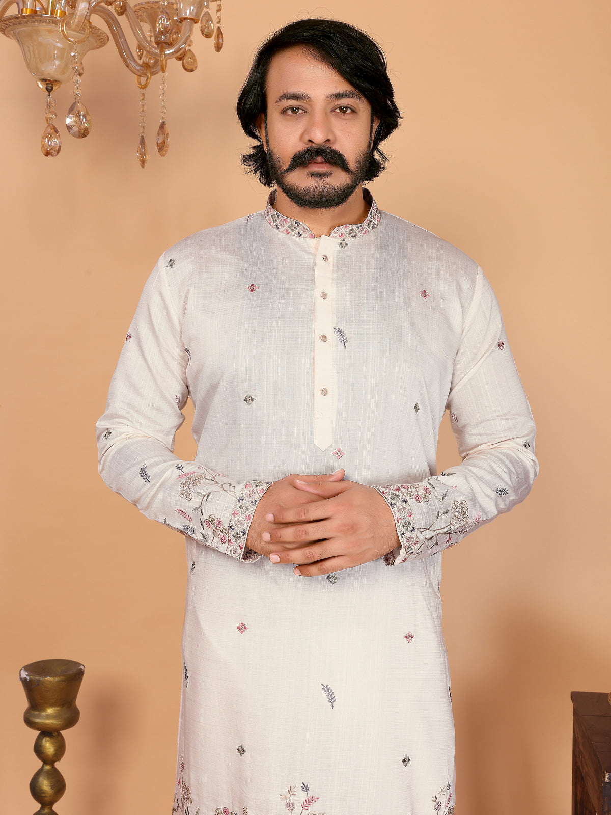 Royal Crimson Embroidered Men's Festive Kurta - Off White